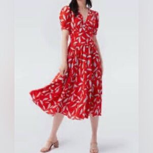 Diane Von Furstenberg Cordelia Vibrant Red Midi Dress with White Pattern